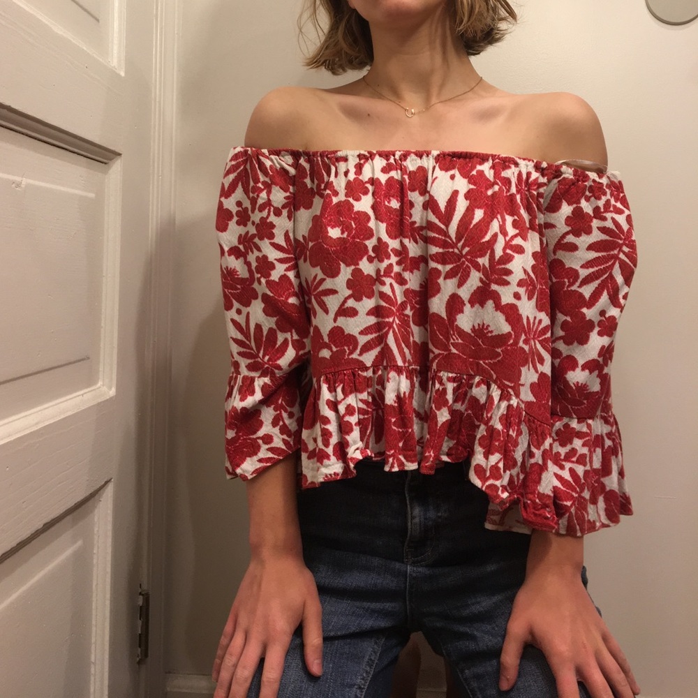 Red floral off the shoulder blouse
